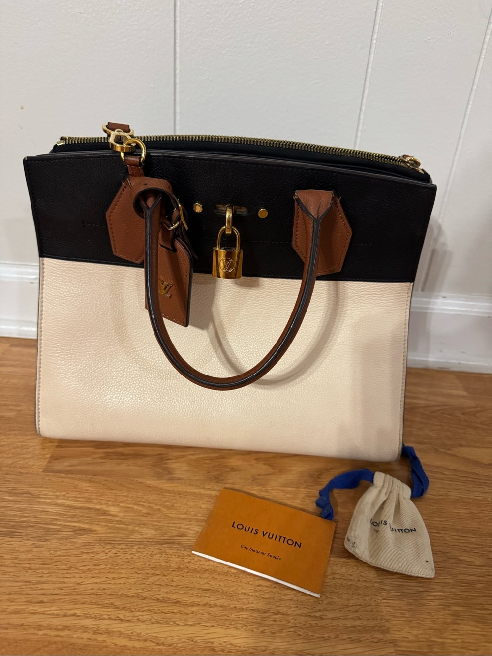 Louis Vuitton City Steamer MM Bag Beige Black Brown Leather Gold Hardware